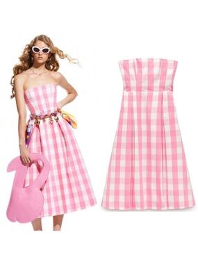 ZARA X BARBIE THE MOVIE Pink and White Strapless Gingham Midi Dress XL NEW NWT